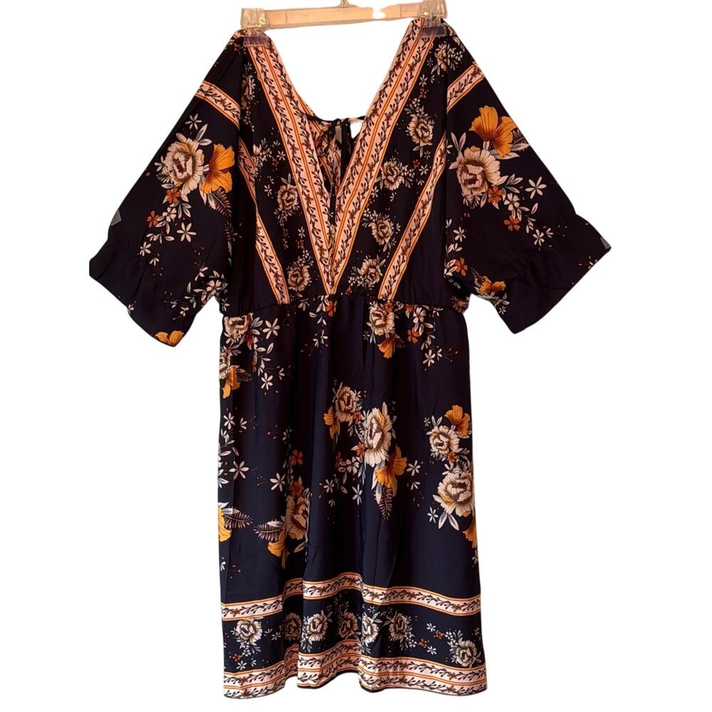 Womens Plus Size Boho Floral Print Mixed Geometric V Neck A Line Short Dress XXL